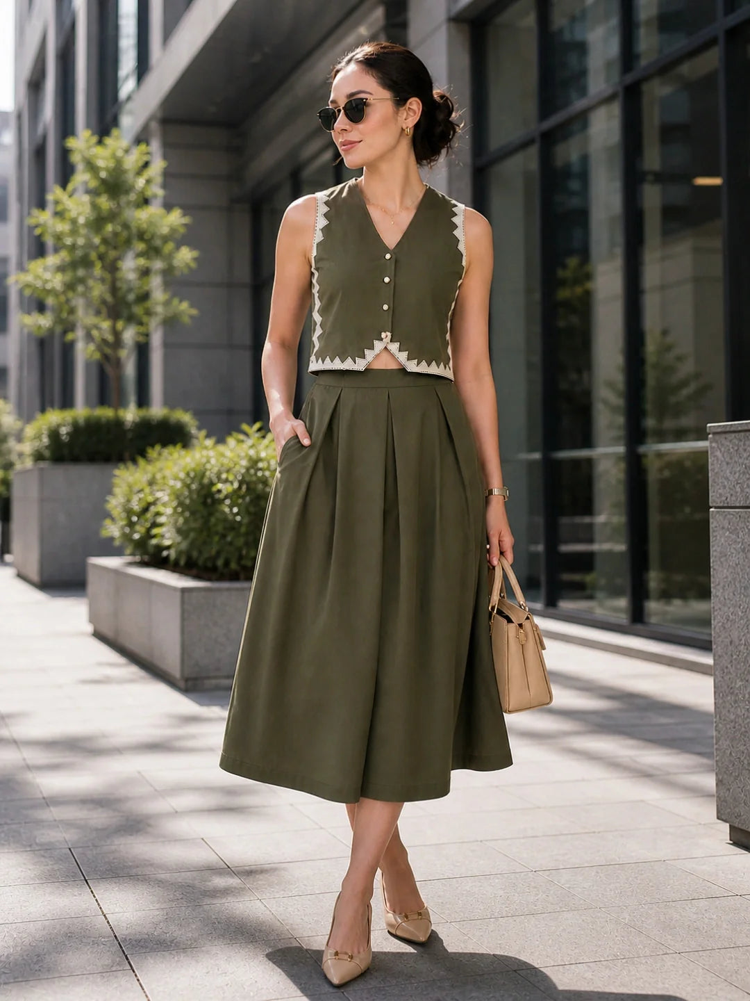 Women's Olive Green Vest & Skirt Co-ord Set