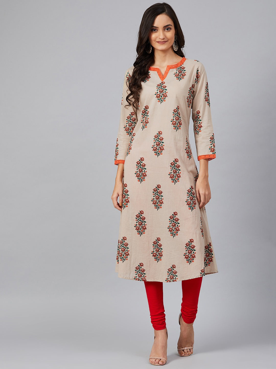 Women's Beige Cotton Printed Kurta