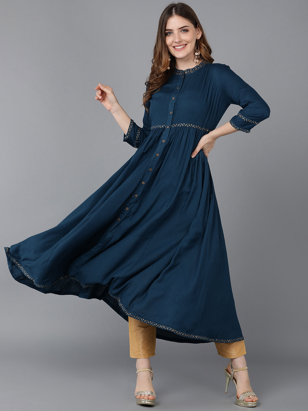 Women's Dark Teal Viscose Rayon Solid Kurta