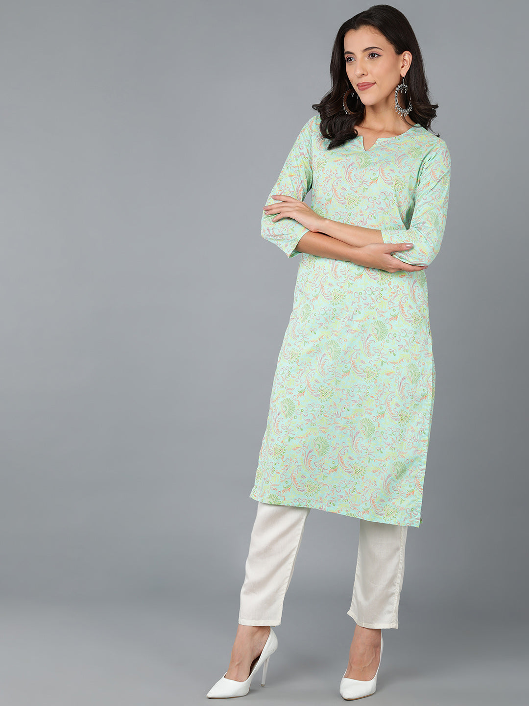Women's Green Cotton Ethnic Printed Kurta