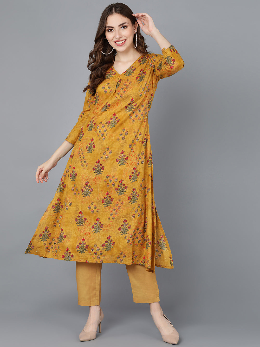 Women's Cotton Mustard Floral Printed High-Low Kurta