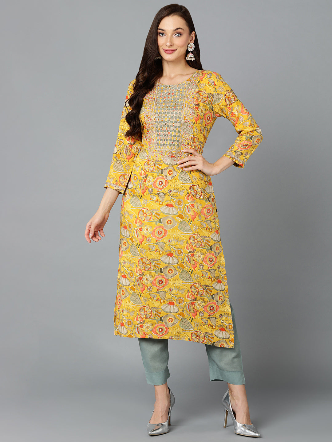 Women's Viscose Rayon Chrome Yellow Printed Regular Fit Kurta