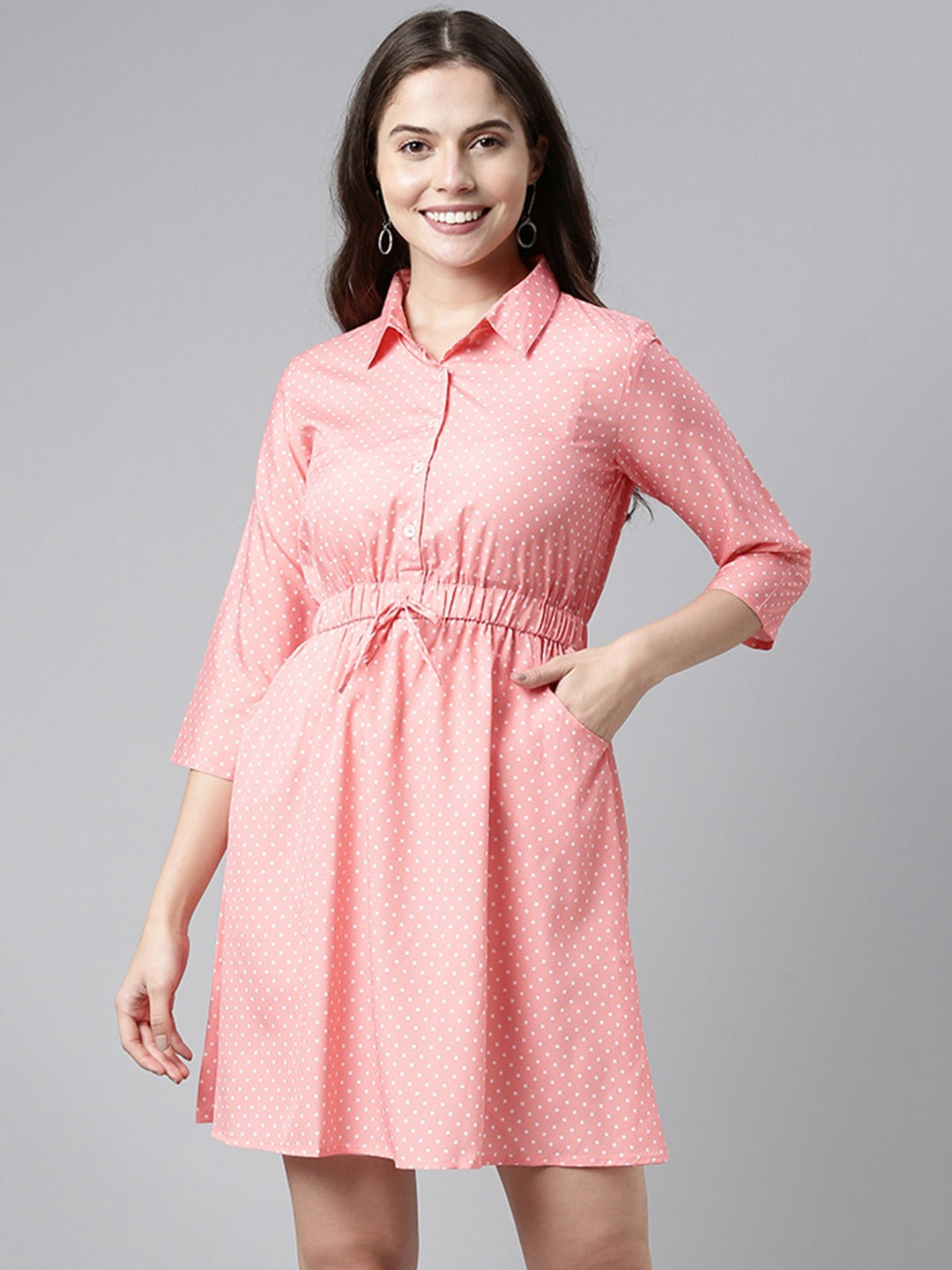 Women's Peach Crepe Polka Dots Printed Dress