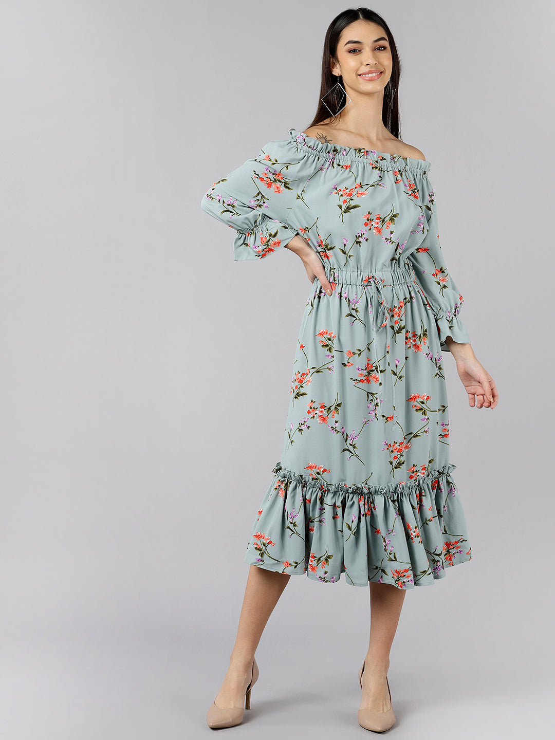 Women's Teal Crepe Floral Printed Dress