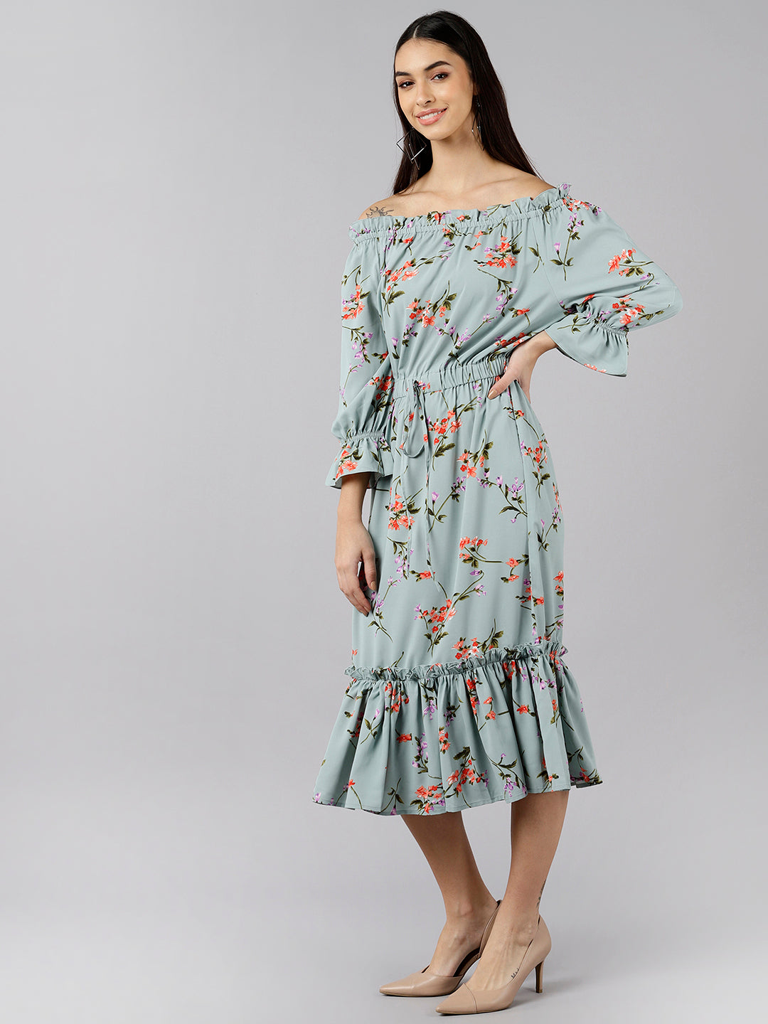 Women's Teal Crepe Floral Printed Dress