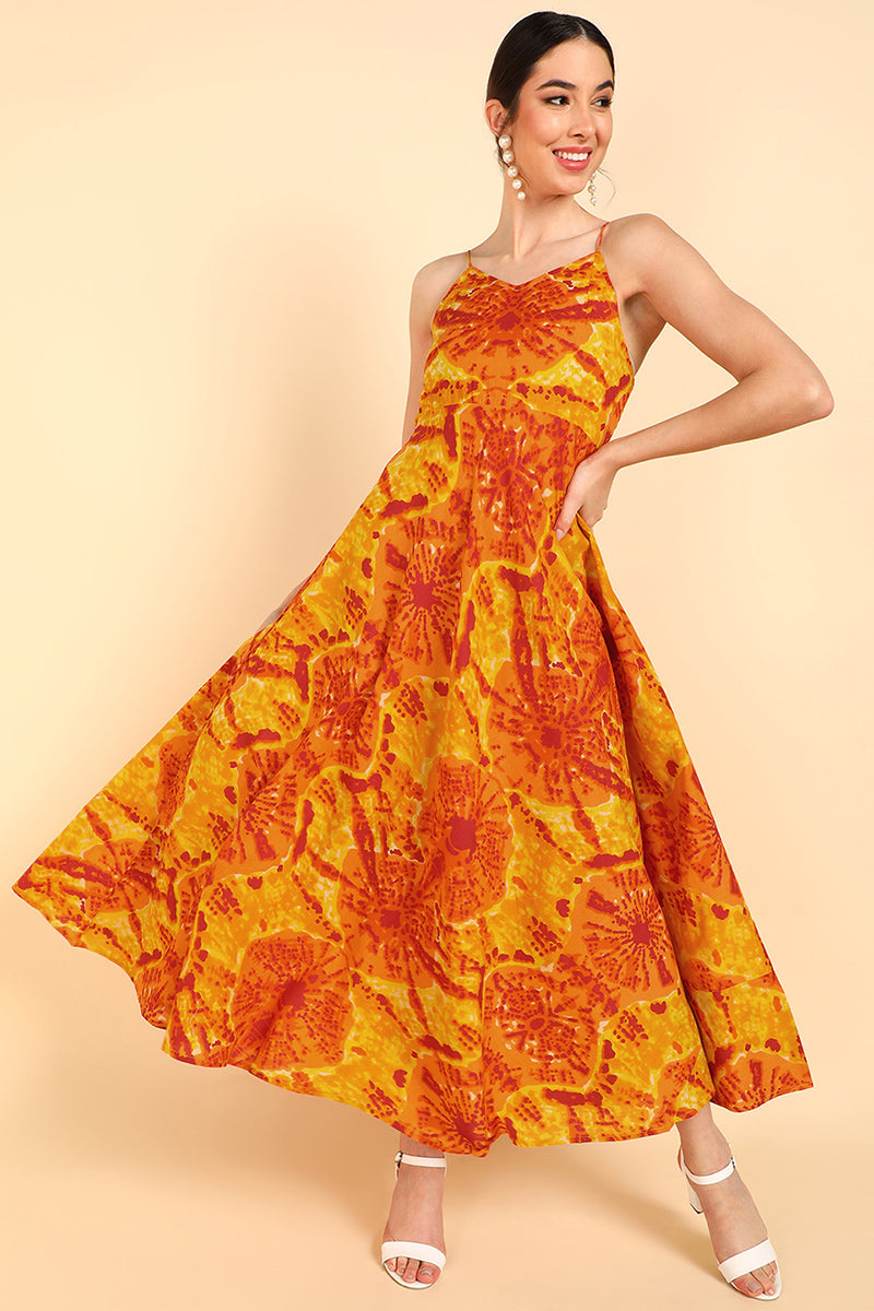 Women's Orange Cotton Tie And Dye Printed Dress