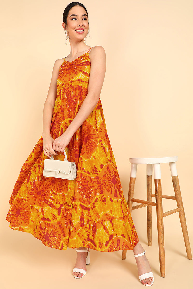 Women's Orange Cotton Tie And Dye Printed Dress