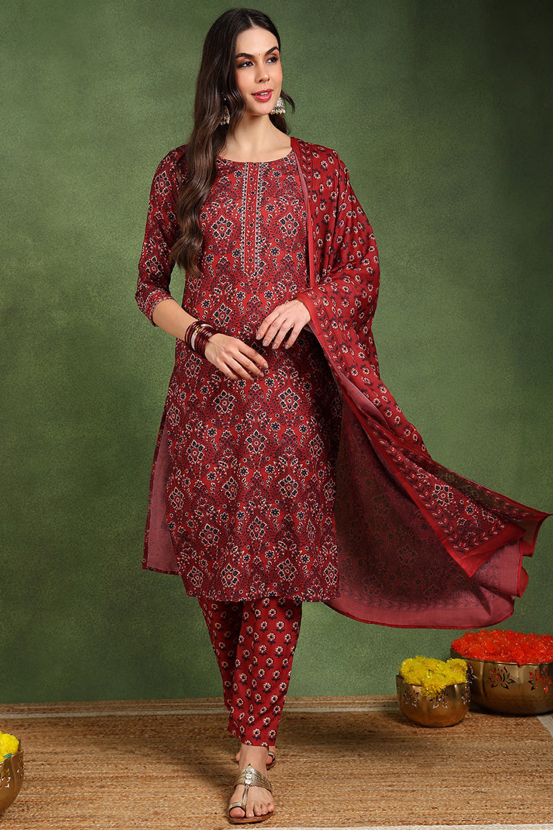 Women's Red Cotton Blend Floral Printed Straight Kurta Trouser With Dupatta