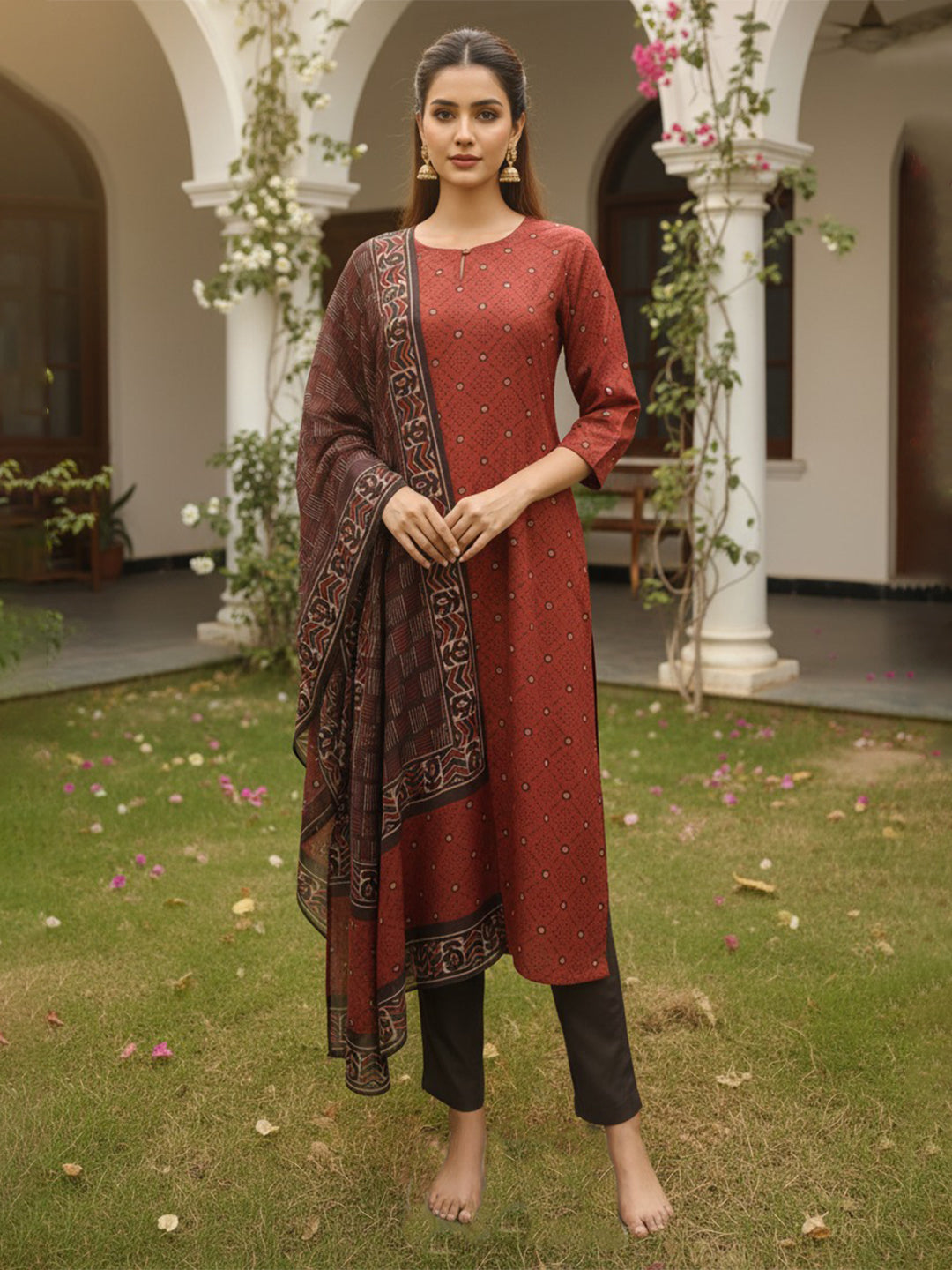 Women's Maroon Rayon Blend Geometric Printed Straight Kurta Trousers With Dupatta