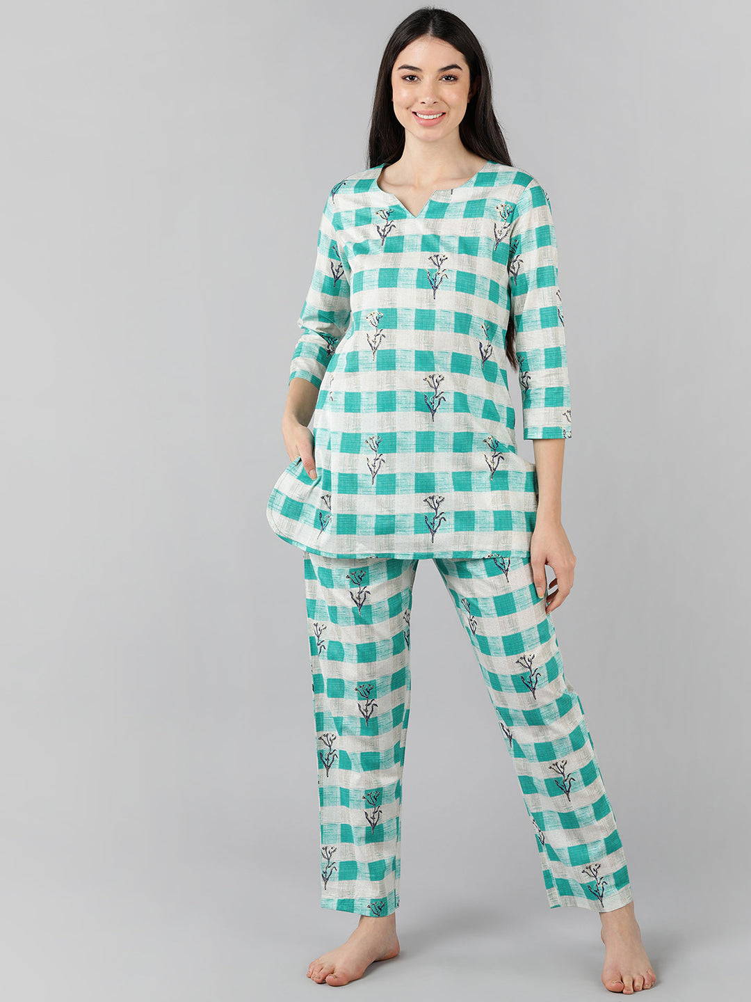 Women's Teal Cotton Checked Printed Co-Ord Set