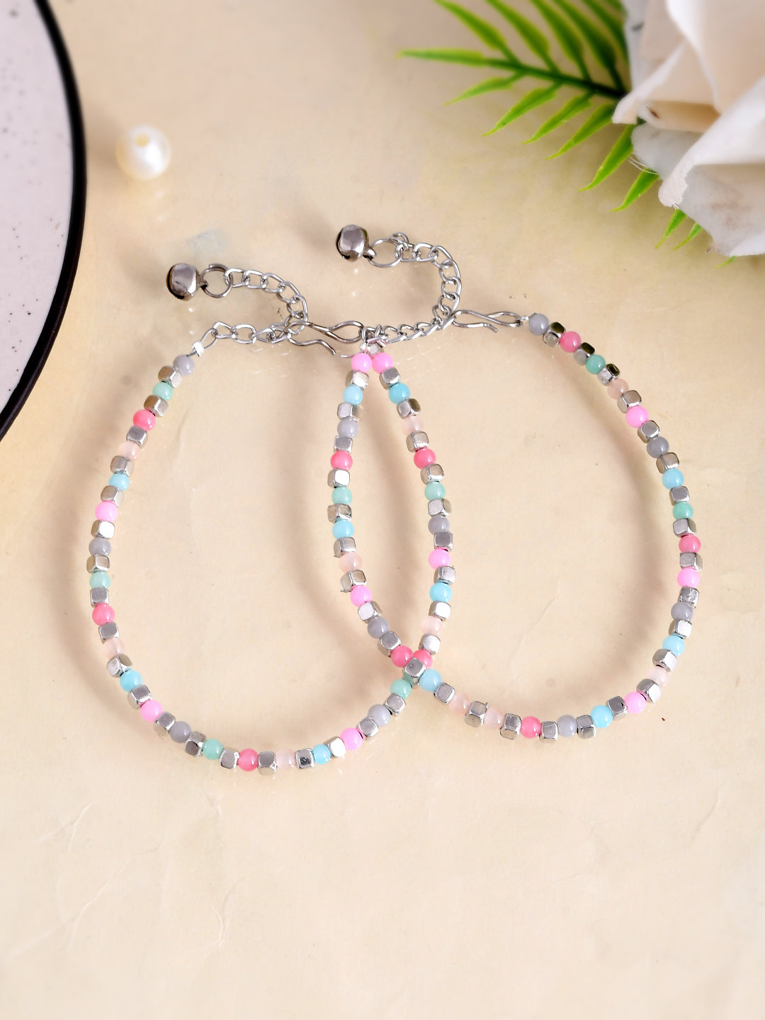 Women's Set Of 2 Silver And Multi Color Beaded Anklet
