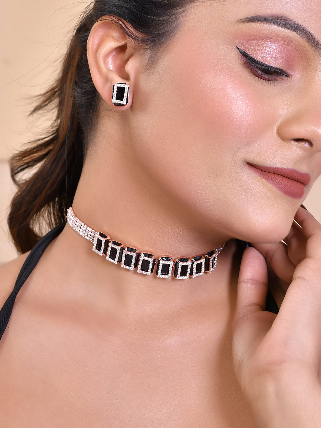 Women's Rose Gold Plated American Diamond Black Cubic Studded Jewellery Set