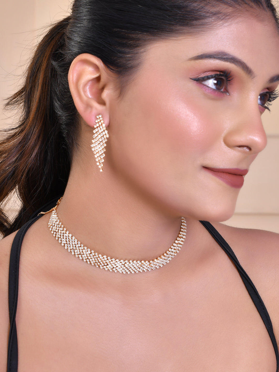 Women's Gold Plated Amarican Diamond Handcrafted Choker With Earrings Set