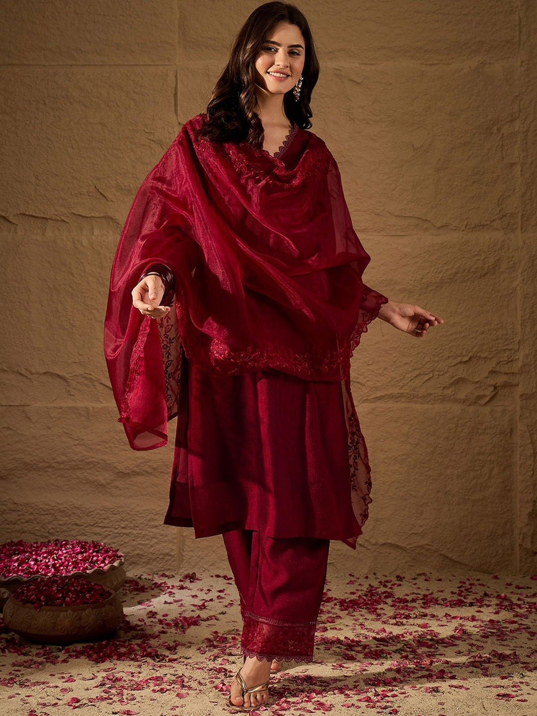 Women's Wine Silk Blend Embroidered Kurta Set