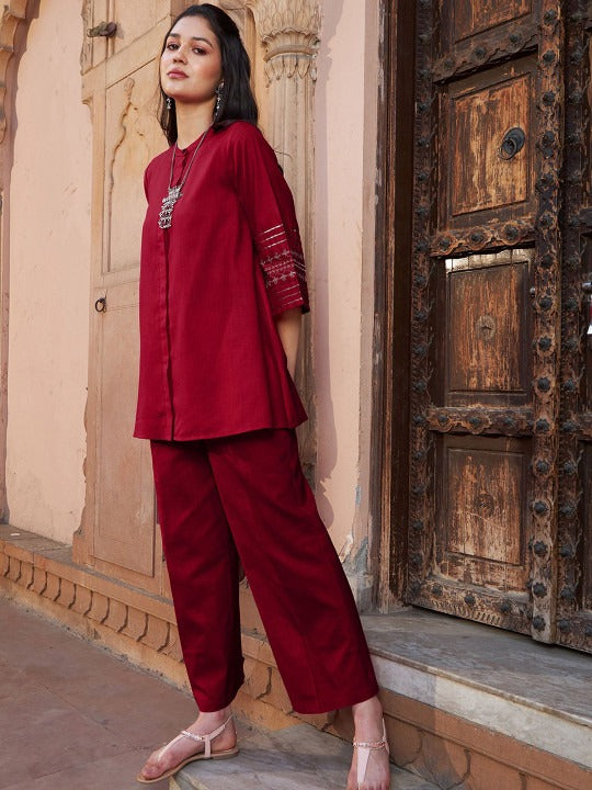 Women's Red Viscose Rayon Solid With Sleeve Embroidery  Co-Ord Set