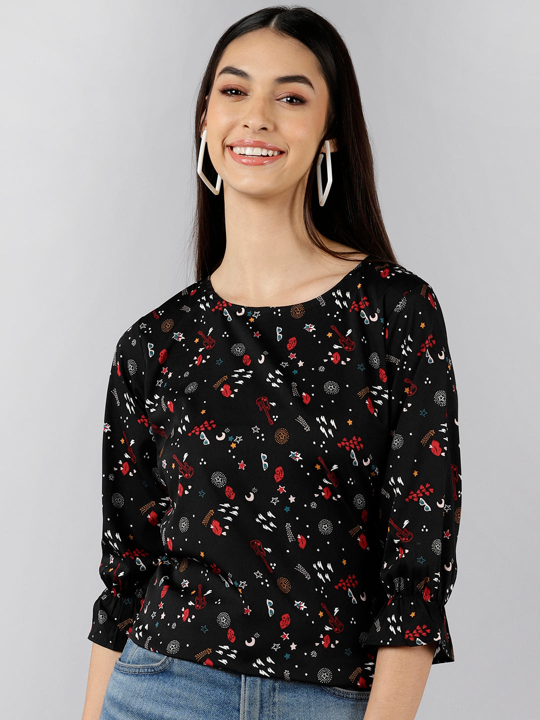 Women's Black Crepe Conversational Printed Top