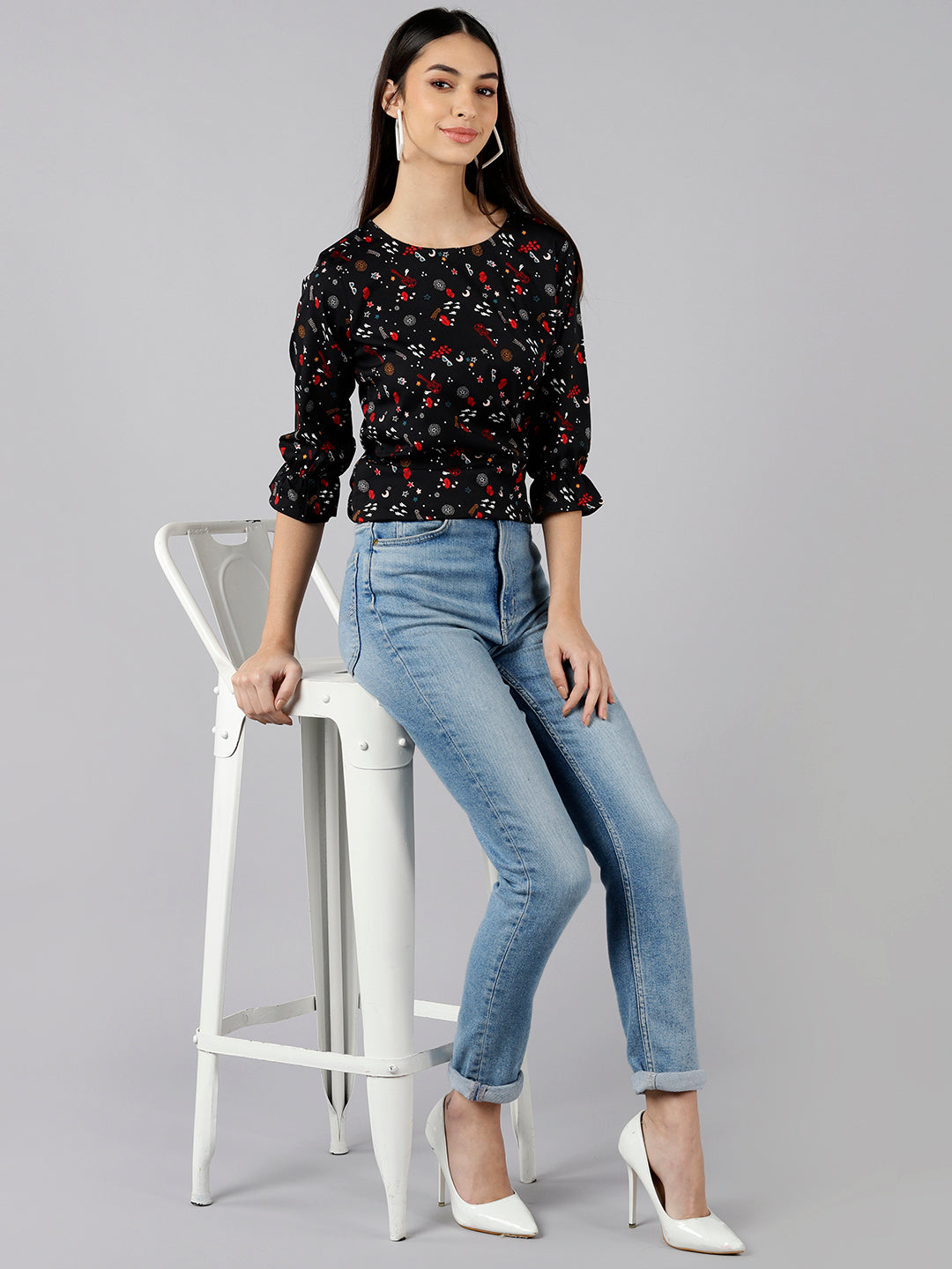 Women's Black Crepe Conversational Printed Top