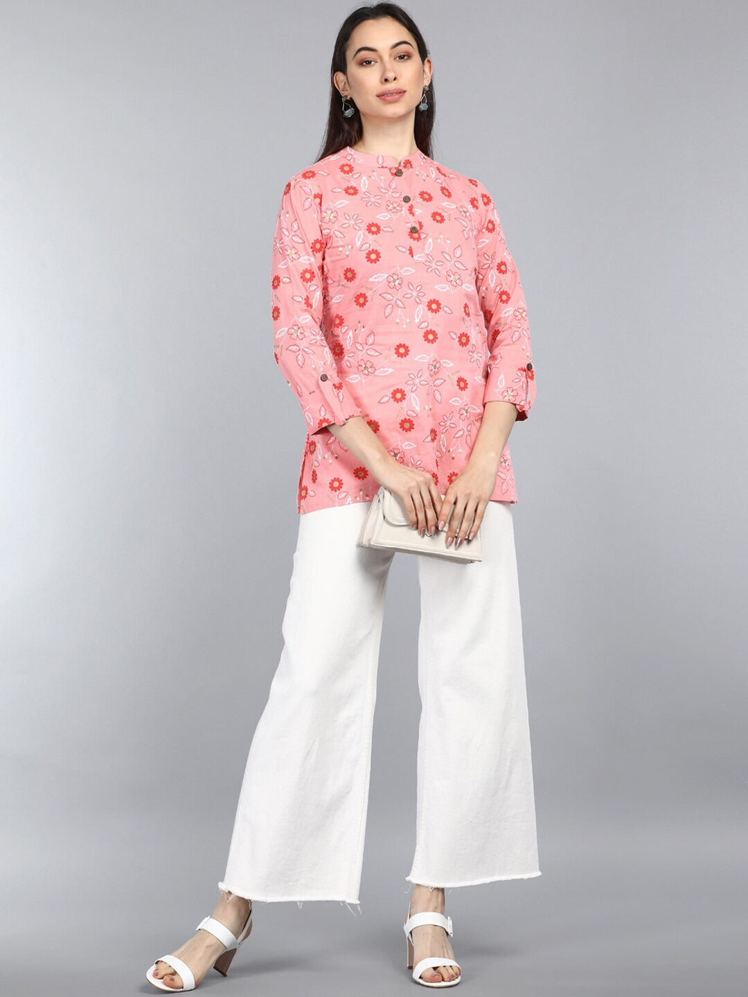 Women's Pink Cotton Floral Printed Top