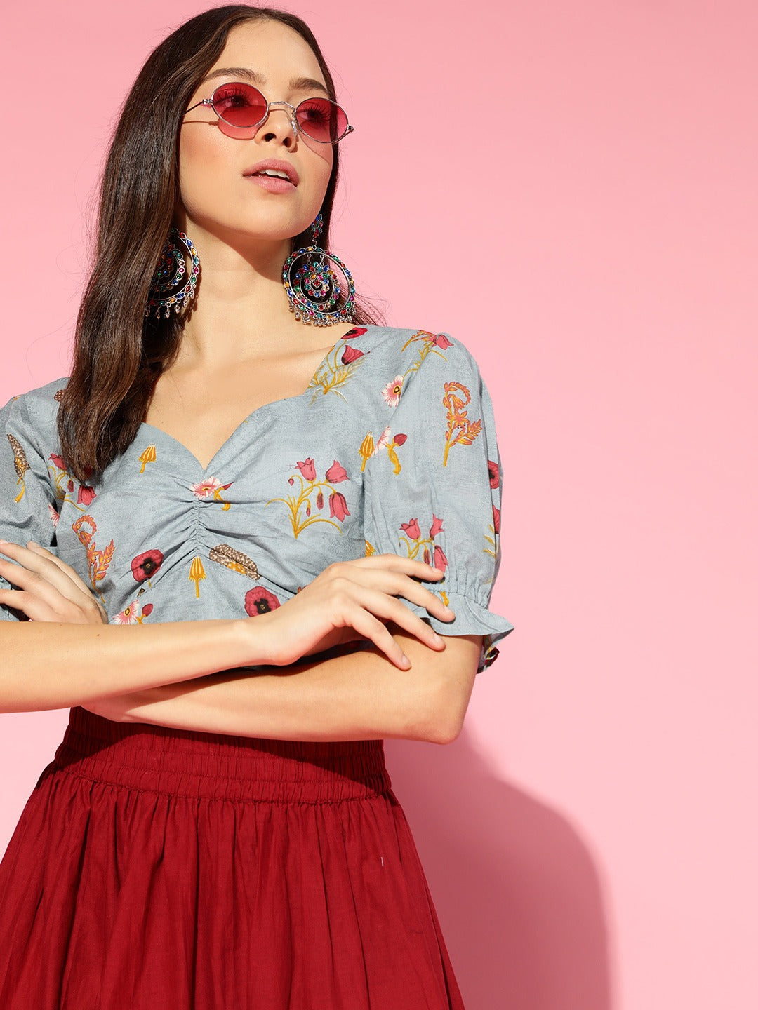 Women's Grey Cotton Floral Printed Top
