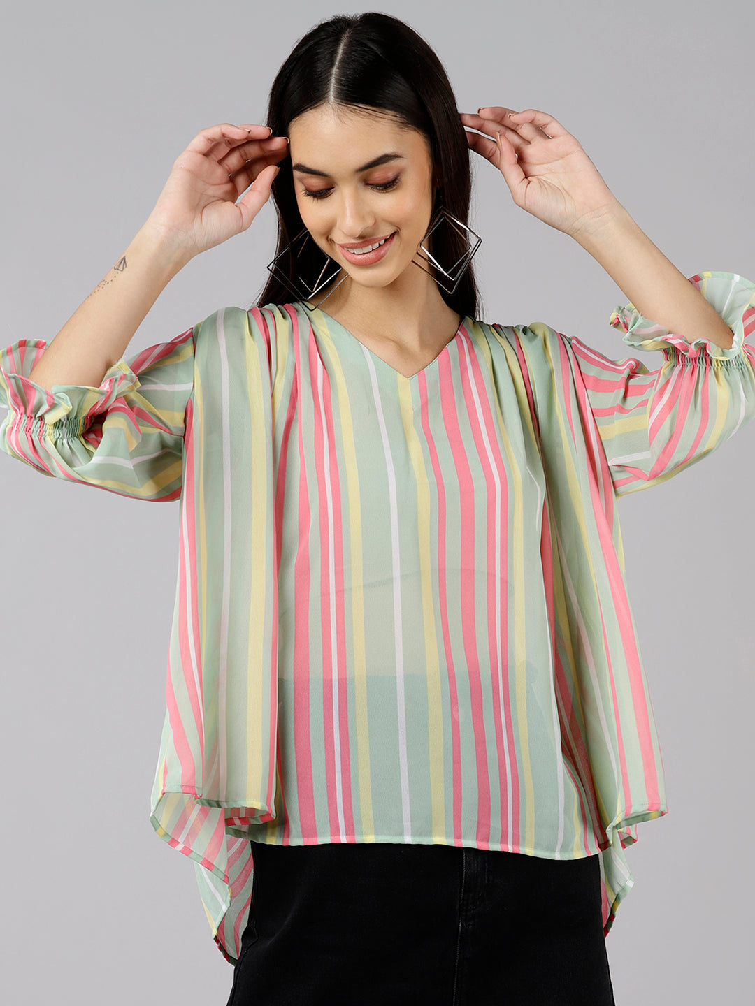 Women's Sea Green Georgette Vertical Stripes Printed Top