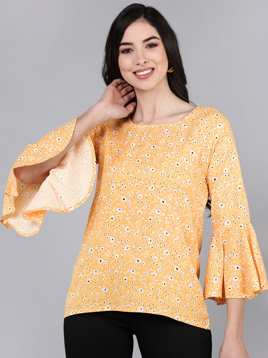 Women's Mustard Crepe Floral Printed Top