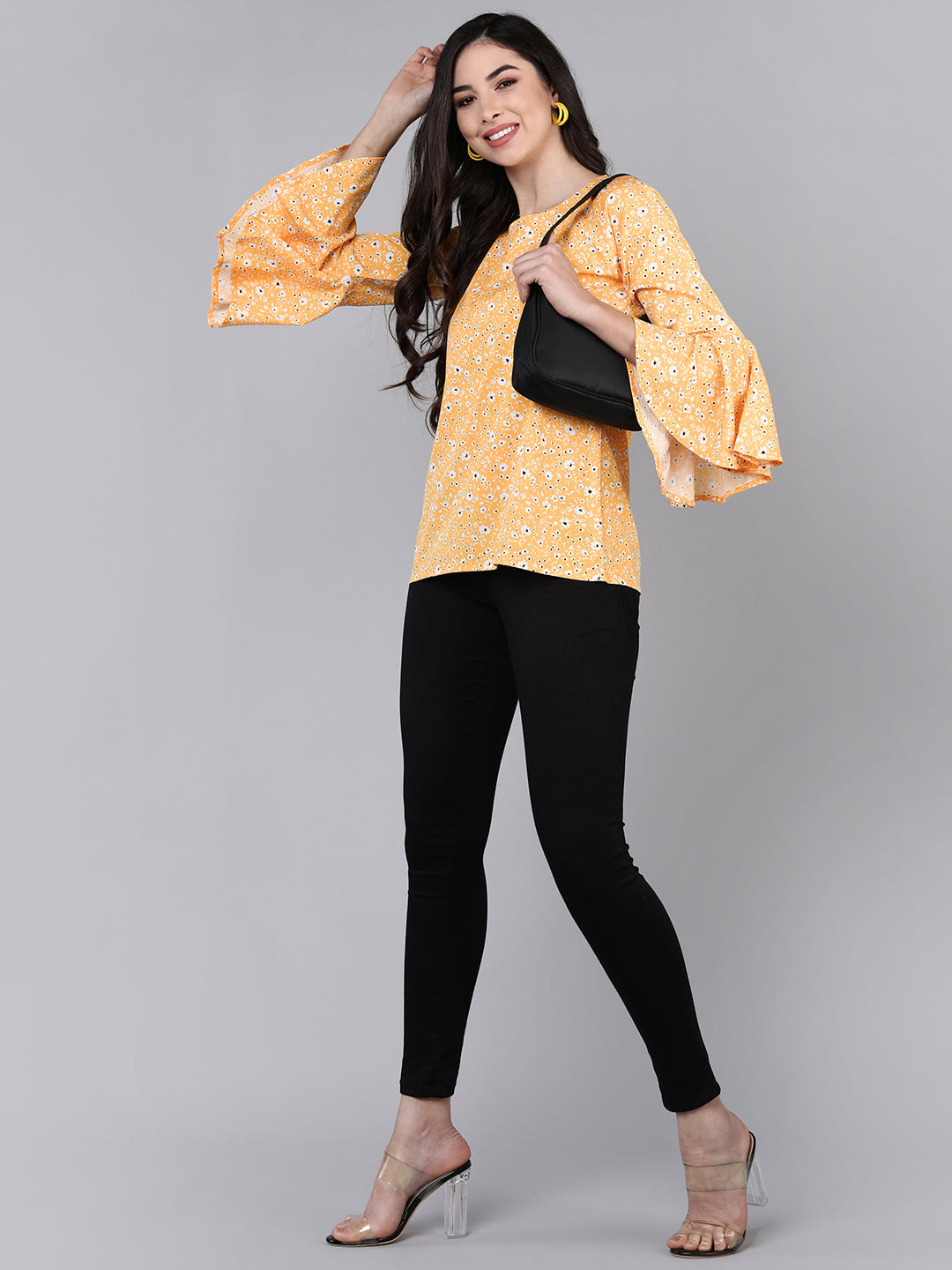 Women's Mustard Crepe Floral Printed Top