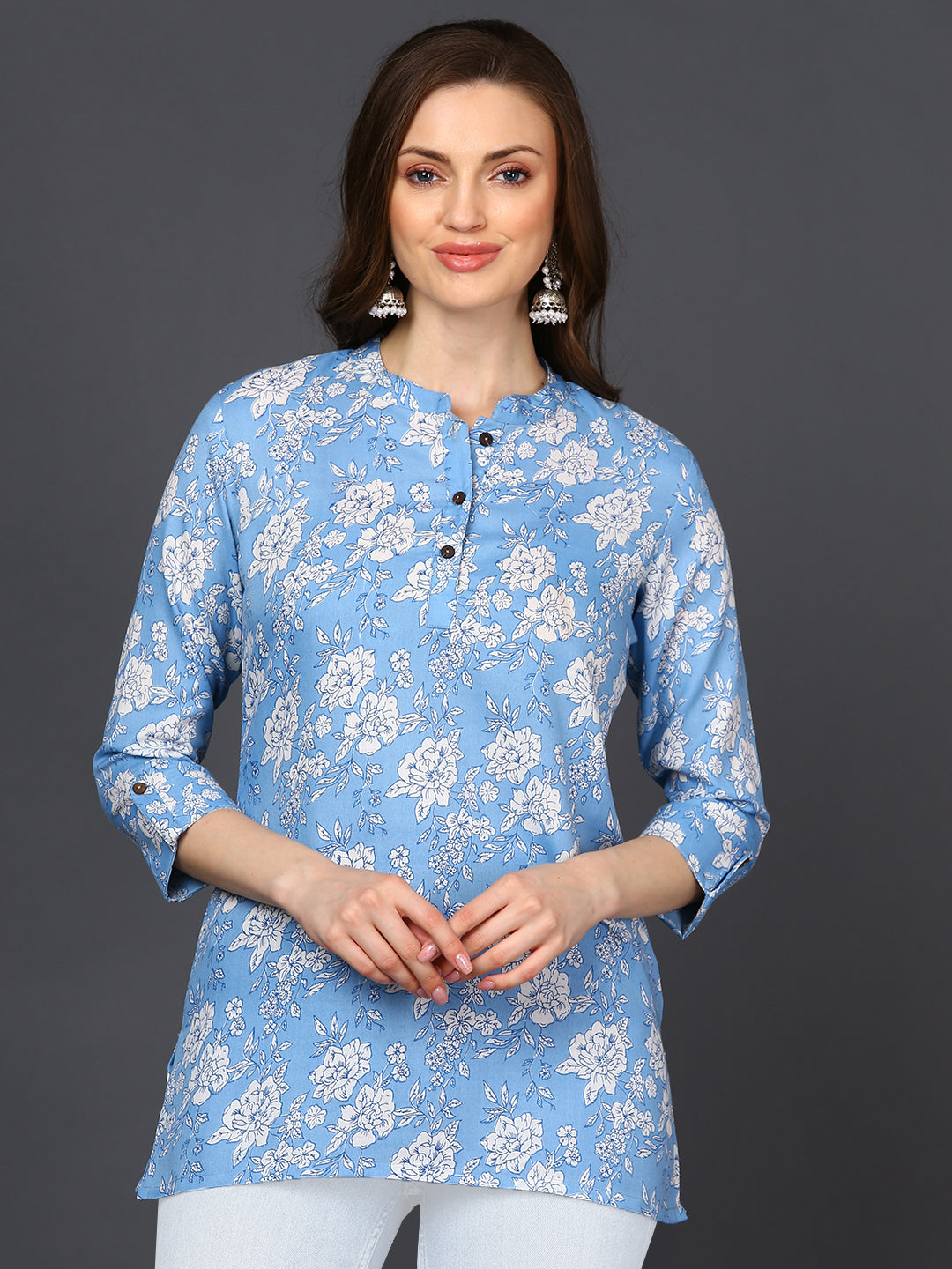 Women's Blue Cotton Blend Floral Printed Top