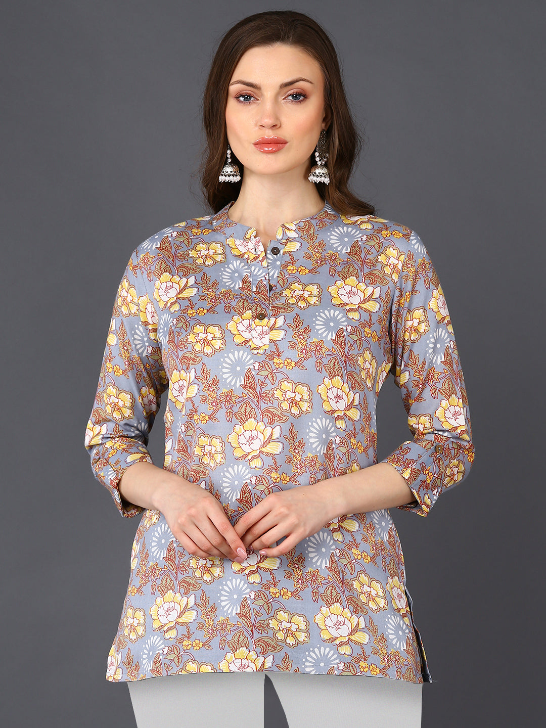 Women's Grey Cotton Blend Floral Printed Top