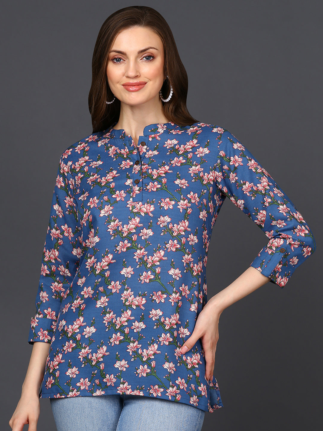 Women's Blue Cotton Blend Floral Printed Top