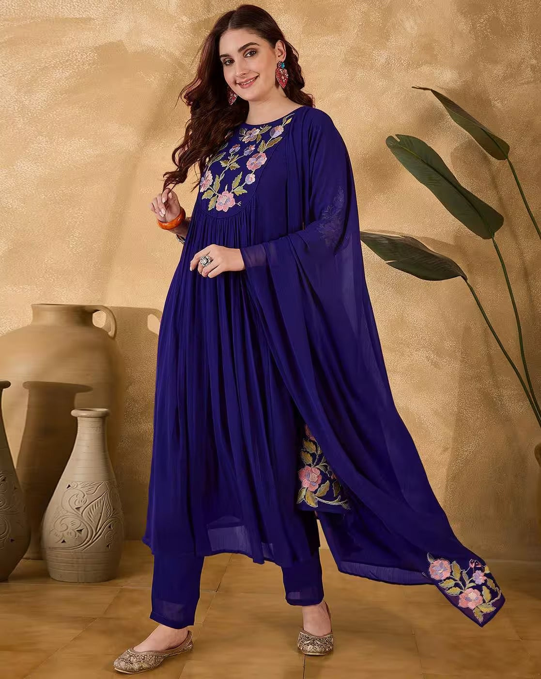 Women's Blue Embroidered Kurta With Pant And Duppata Set