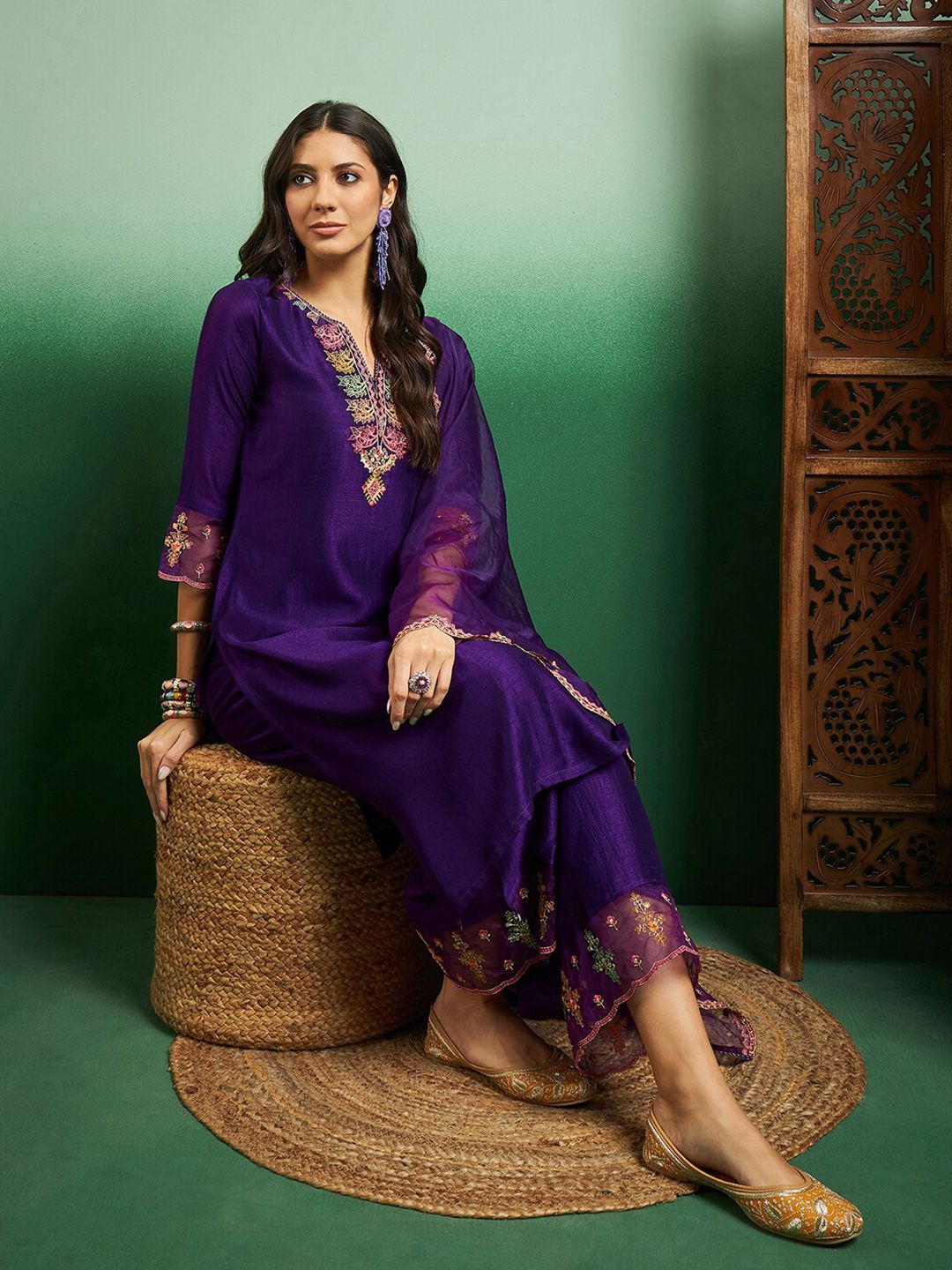 Women's Purple Embroidery Work Kurta With Pant And Duppata Set