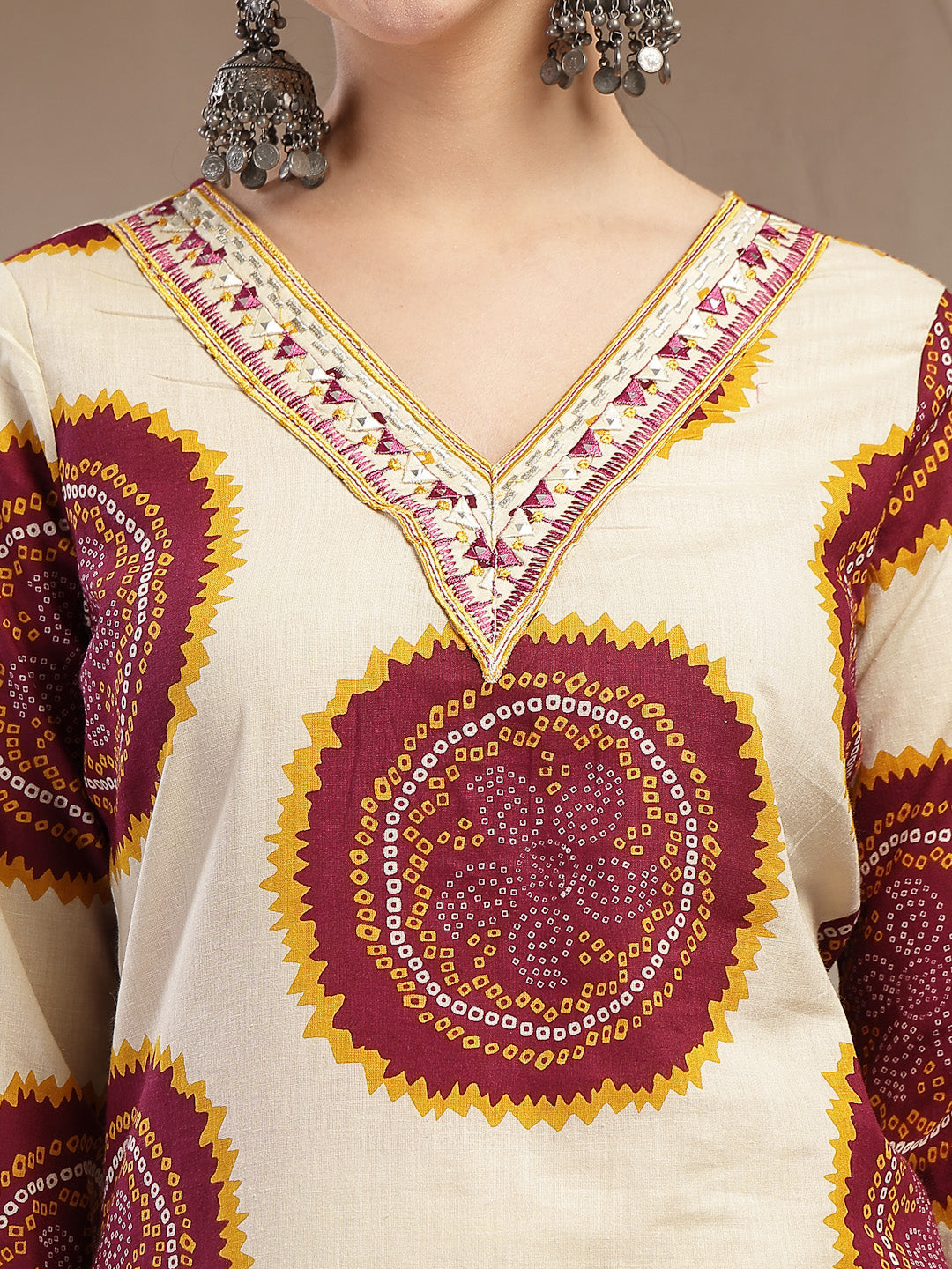 Women's Wine Bandhej Printed Cotton Straight Kurta