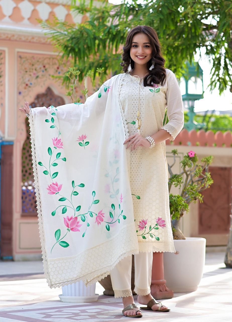 Women's Off White Hand-Painted cotton Kurta Set