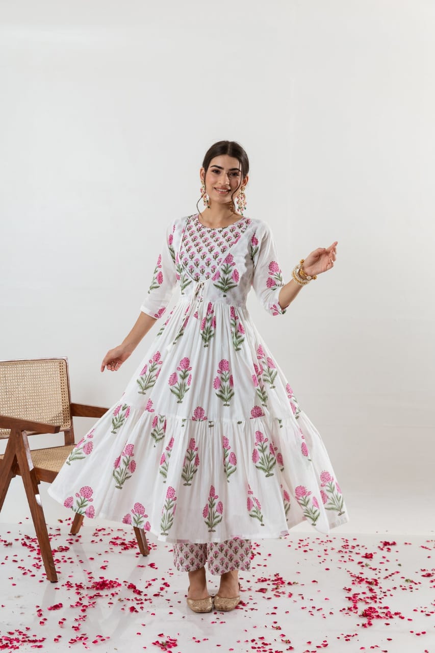 Women's Elegant White Floral Anarkali Kurta Set with Dupatta