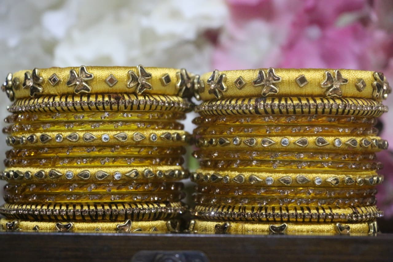 Women's Yellow Silk Thread Handmade Stone Bangles