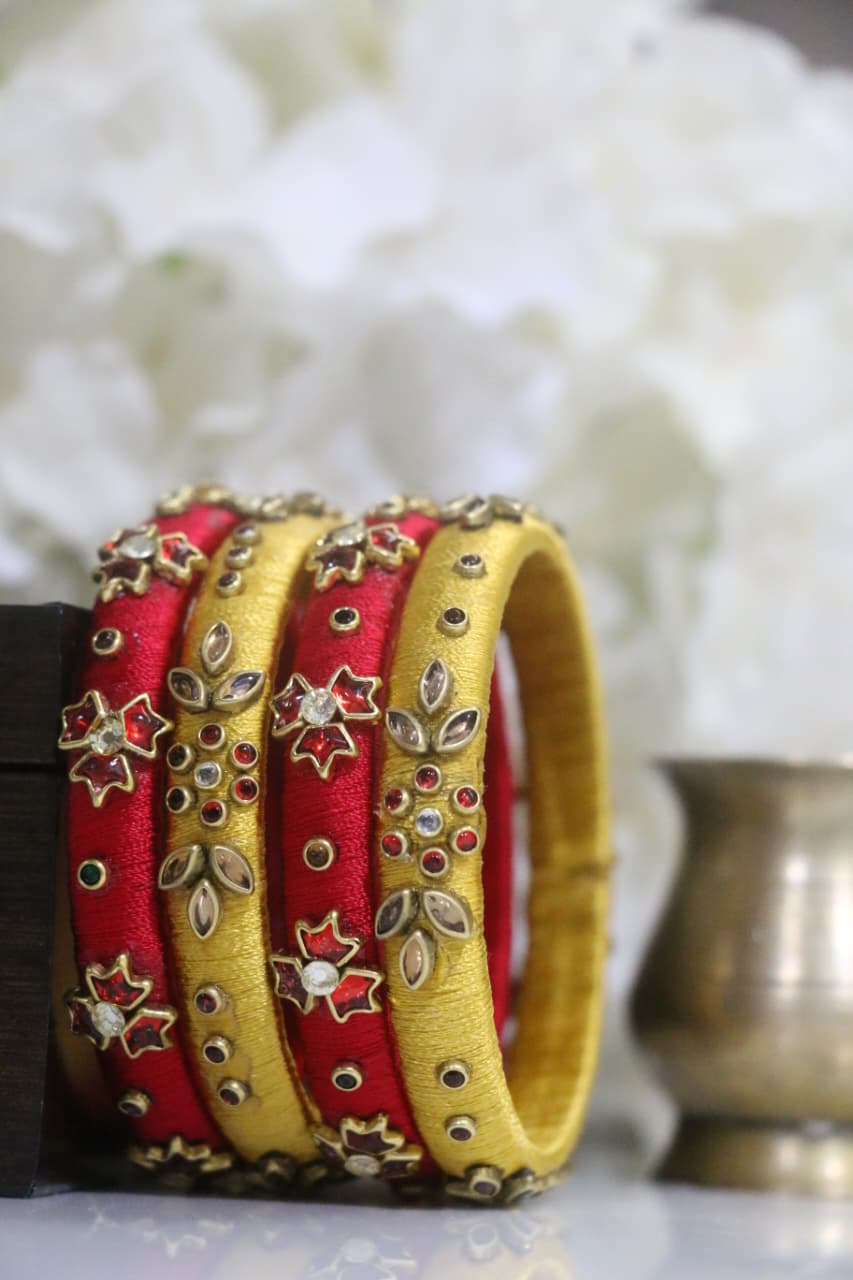 Women's Red & Yellow Silk Thread Handmade Stone Bangles