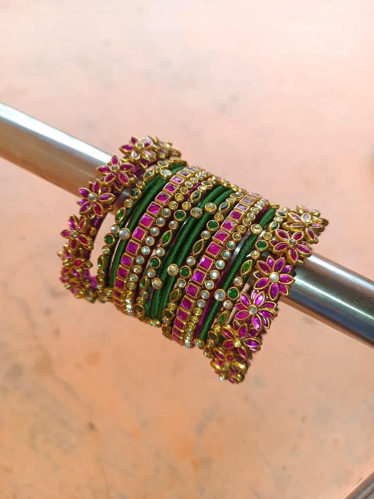 Women's Green and Pink Kundan Bangle Set