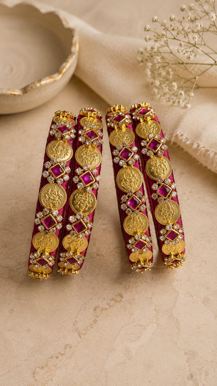 Women's Pink And Gold Ruby Coin Bangles