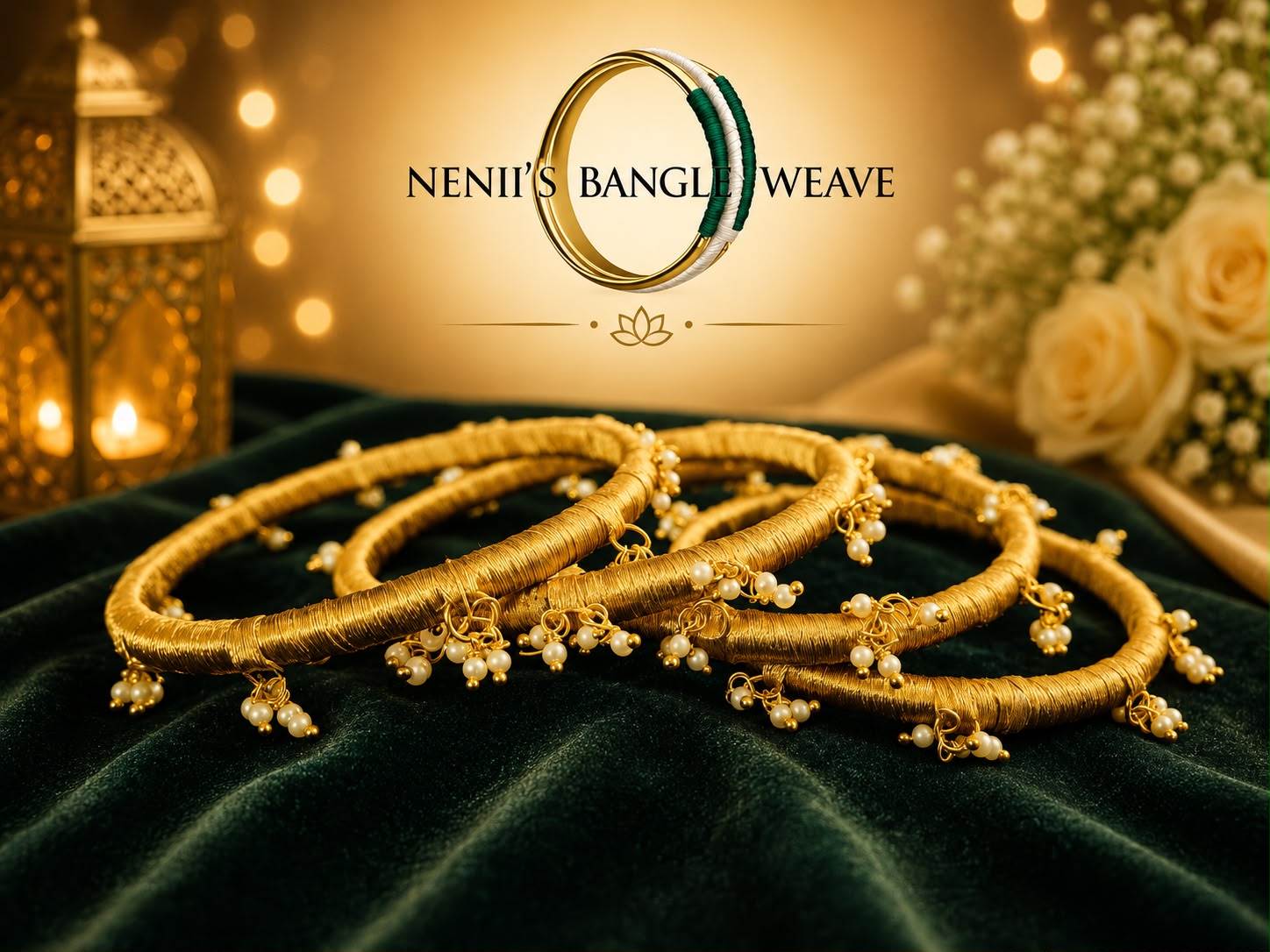 Women's Gold Thread Bangle Set with Pearl Drops