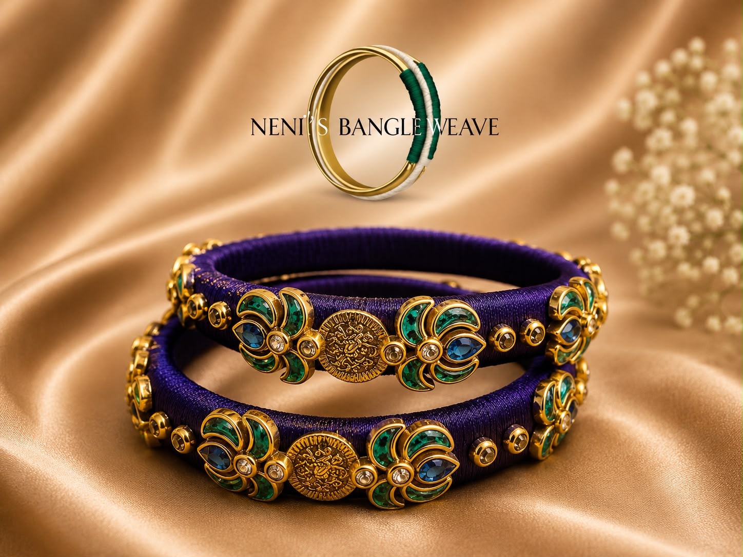 Women's Purple and Green Silk Thread Kundan Bangle Set (Set of 2)