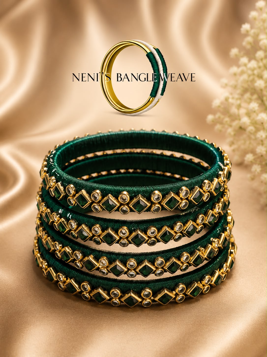 Women's Green Silk Thread Kundan Bangle Set