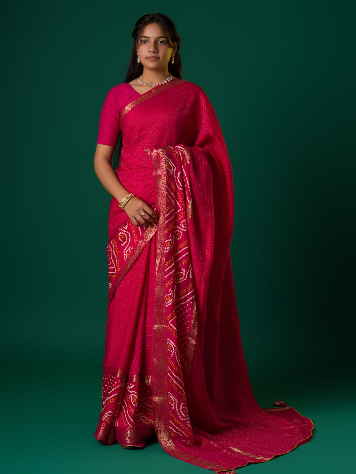 Women's Jaipuri Designer Gaji Silk Ghatchola Bandhani Saree  Rani