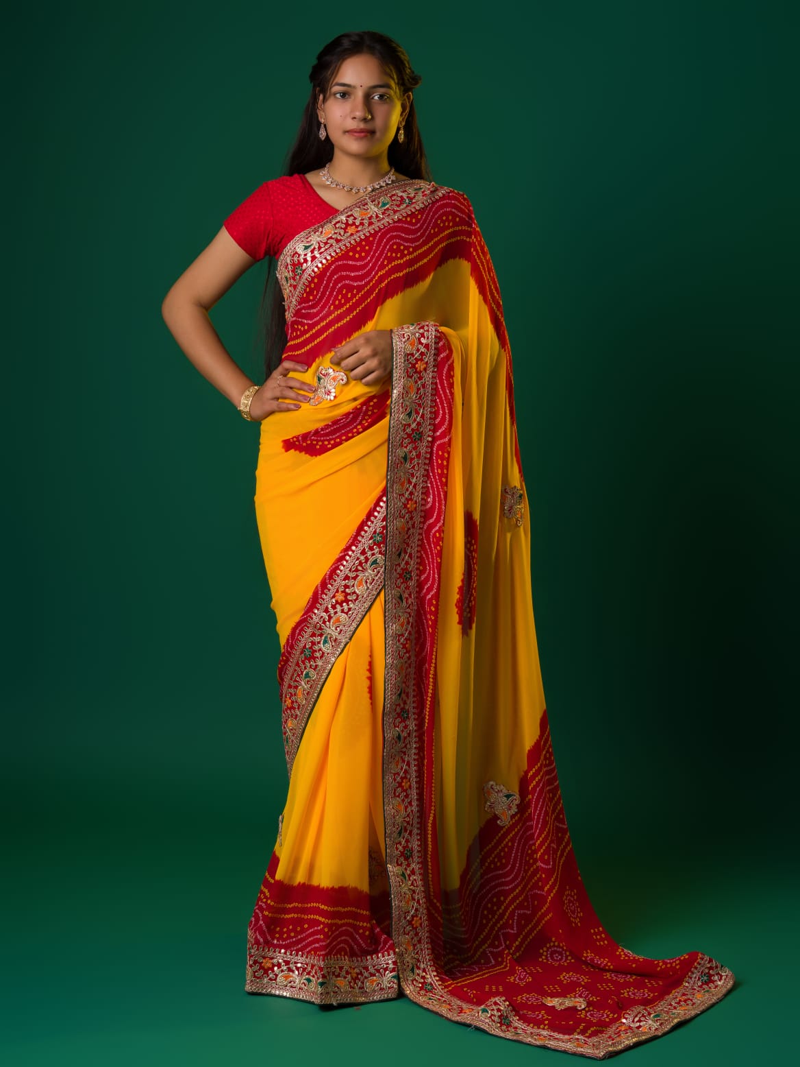 Women's Georgette Gotapatti Work Chunri Pomcha Saree