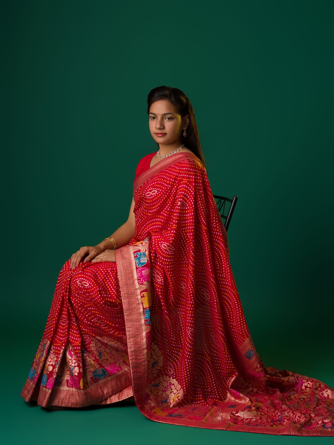 Women's Bandhani Zari Border Munga Silk Saree  DC