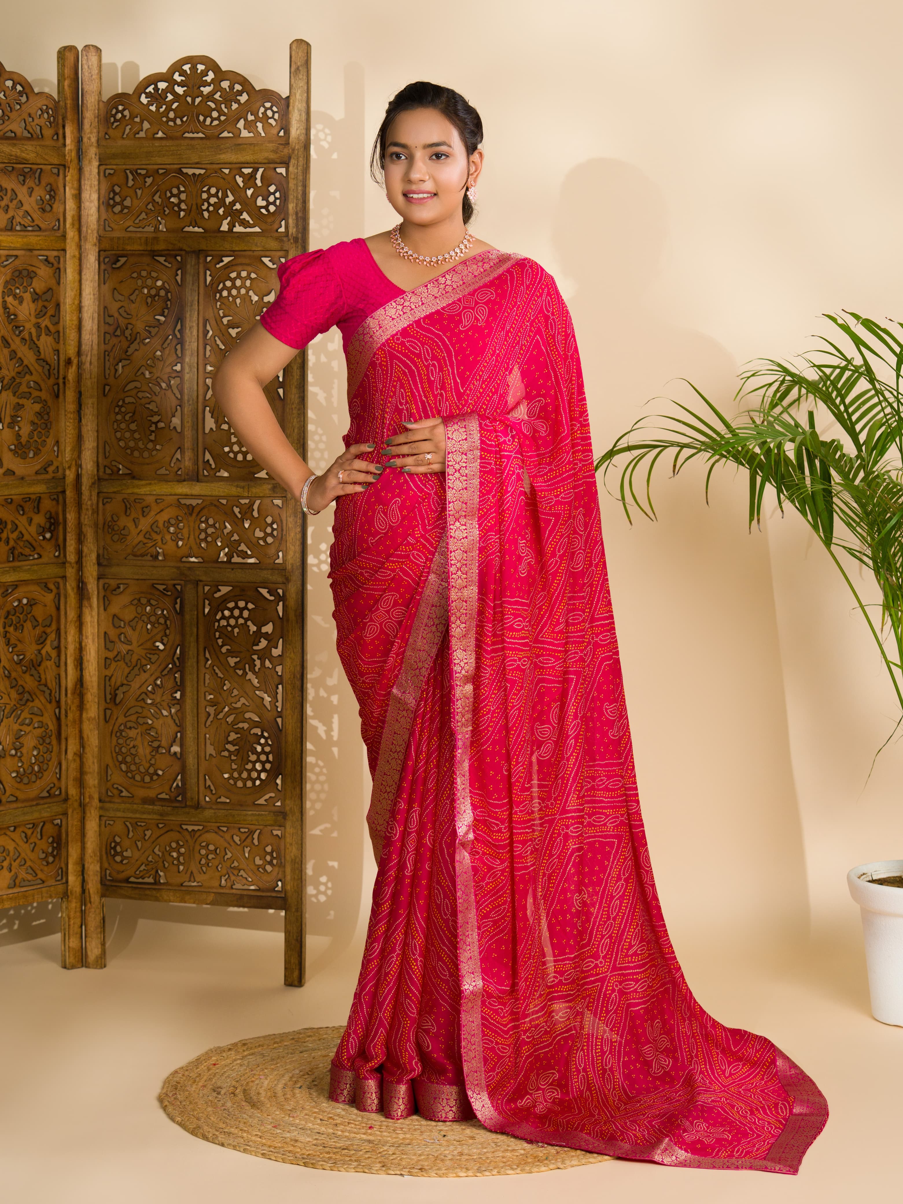 Women's Moss Chiffon Georgette Bandhani Sarees Rani