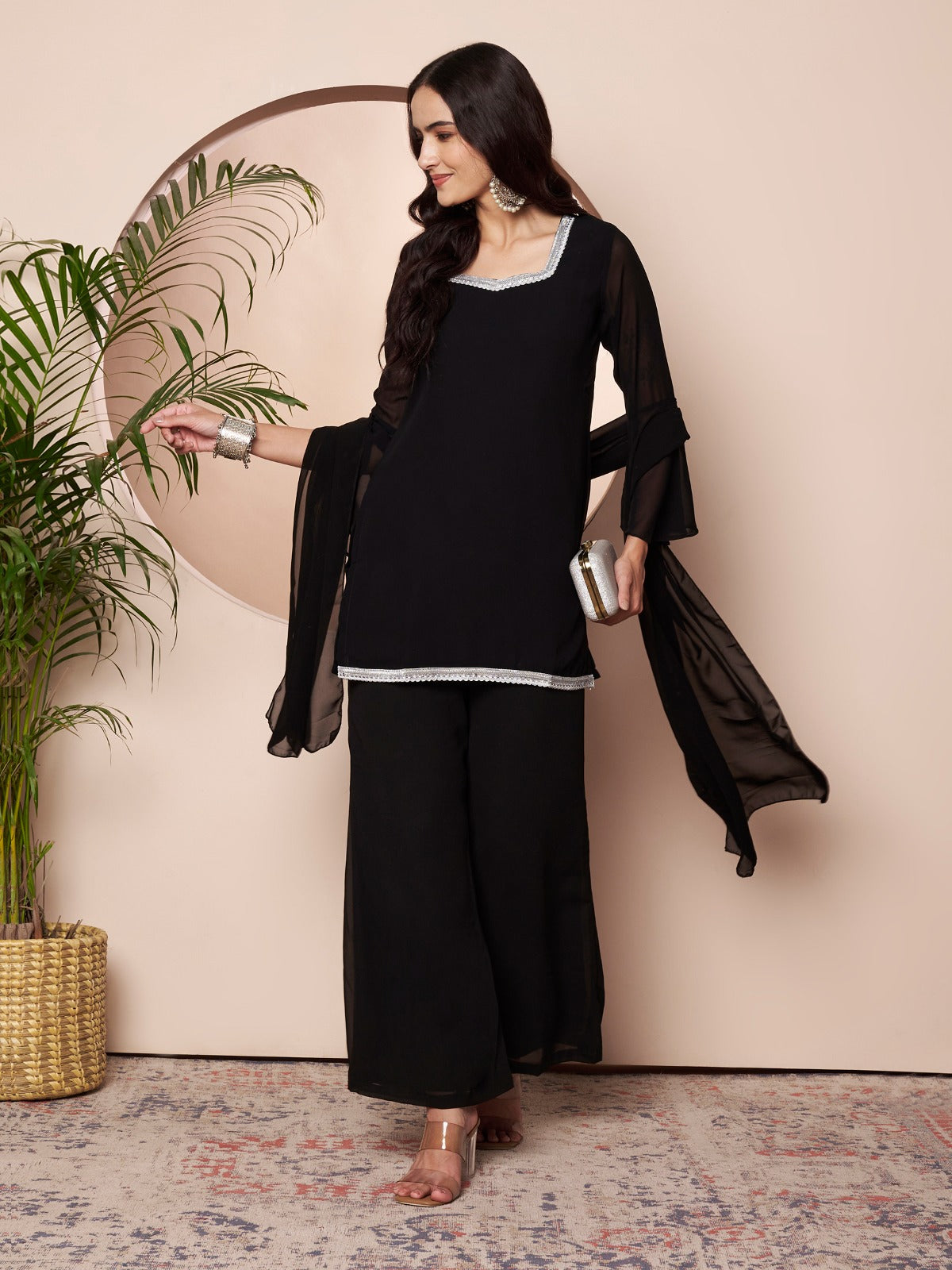 Women's Black Embellished Kurta with Flared Palazzo Set