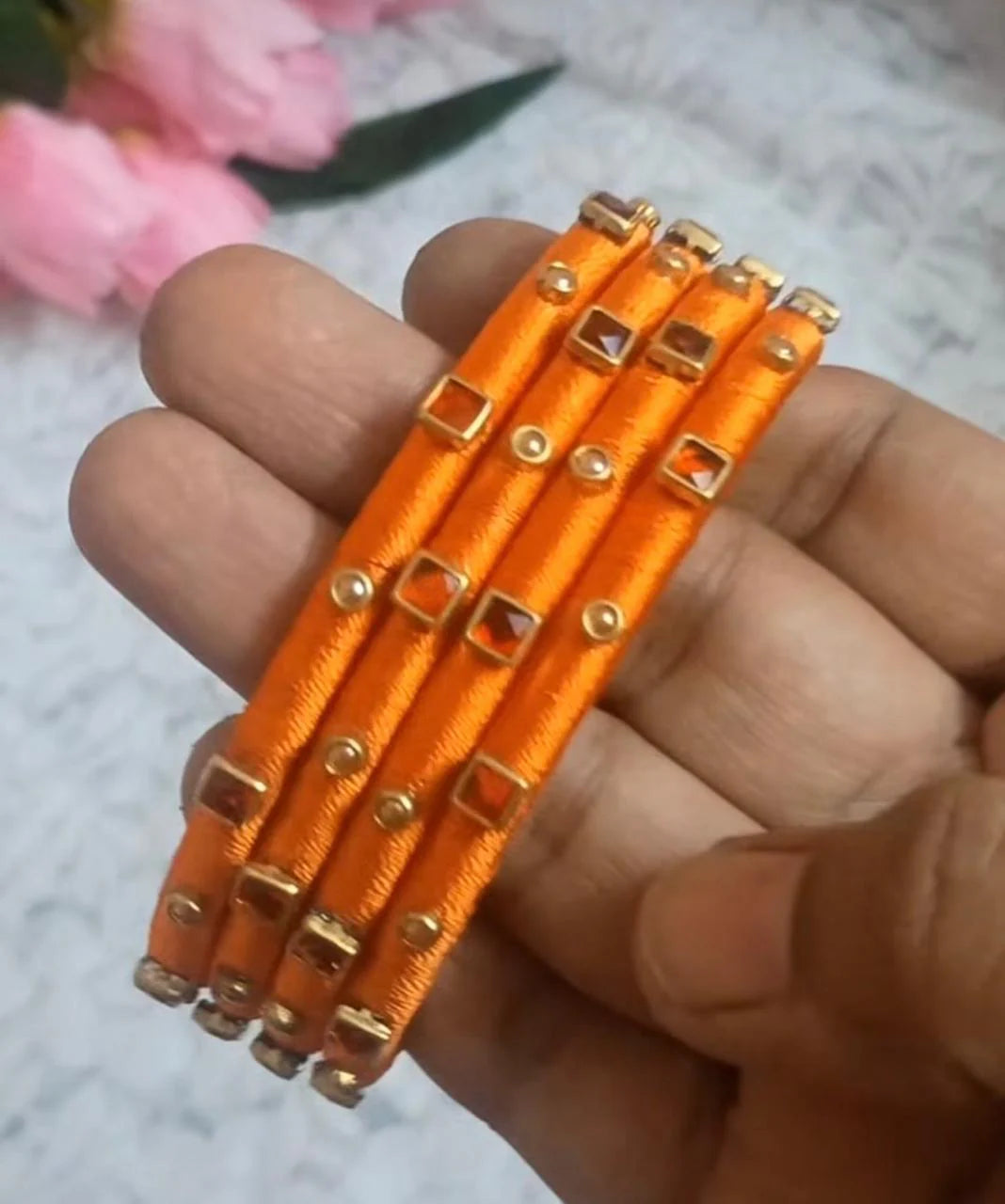 Women's Orange Silk Thread Bangle Set