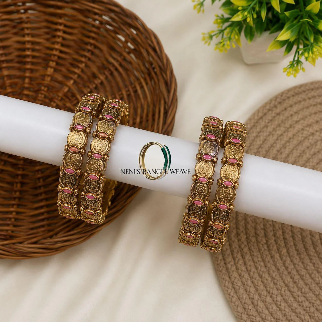 Women's Antique Gold Bangles With Pink Stones