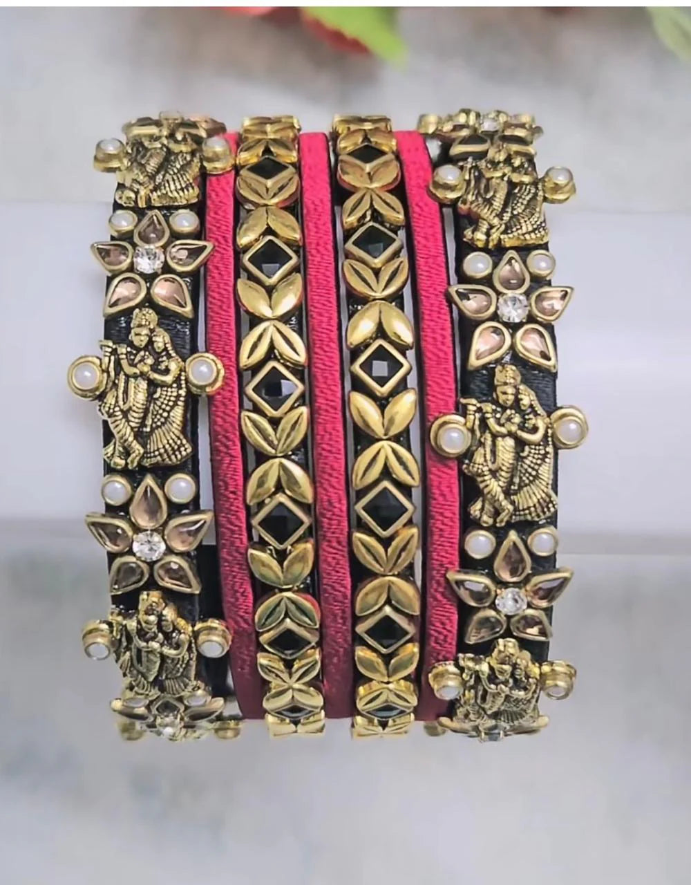 Women's Radha Krishna Antique Gold Bangle Set