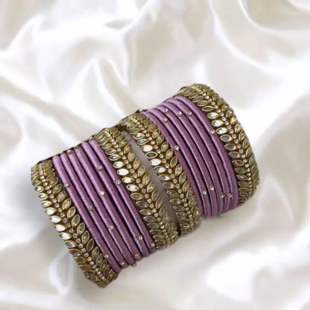 Women's Lavender Silk Thread Kundan Bangle Set